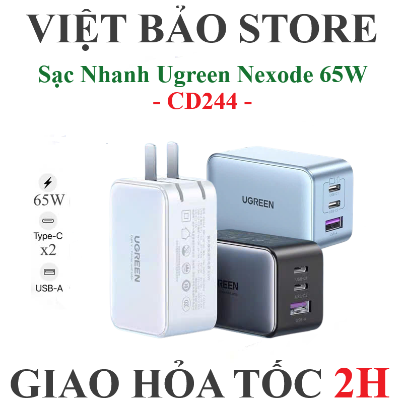 Củ sạc nhanh Ugreen Gan Nexode CD244 65W 3 cổng  2C1A sạc nhanh PD PPS QC