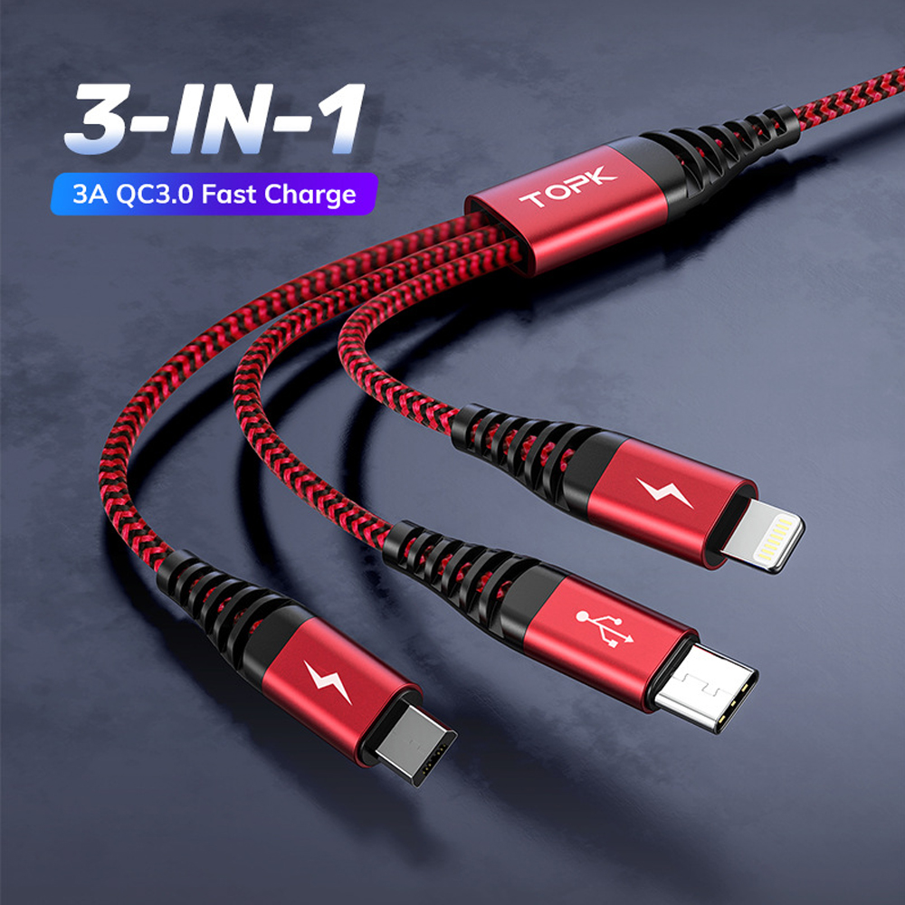 Dây cáp sạc 3 đầu topk nhanh 3 trong 1 micro usb type c cho huawei xiaomi iphone