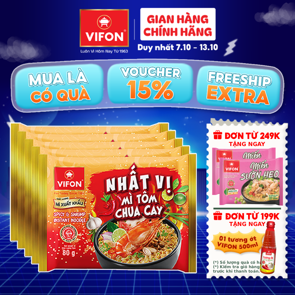 [VOUCHER 15%] Set 5 Gói Mì Nhất Vị VIFON Tôm Chua Cay/Trộn Gà Phô Mai Cay 80gr/Gói