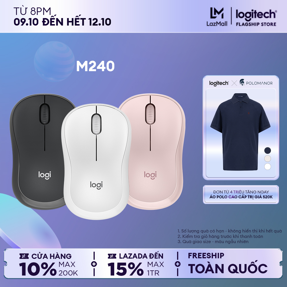 Chuột Bluetooth Logitech M240 Silent - Không dây, Nhỏ gọn, Di động, Pin 18 tháng, tương thích Windows, macOS, ChromeOS, Macbook