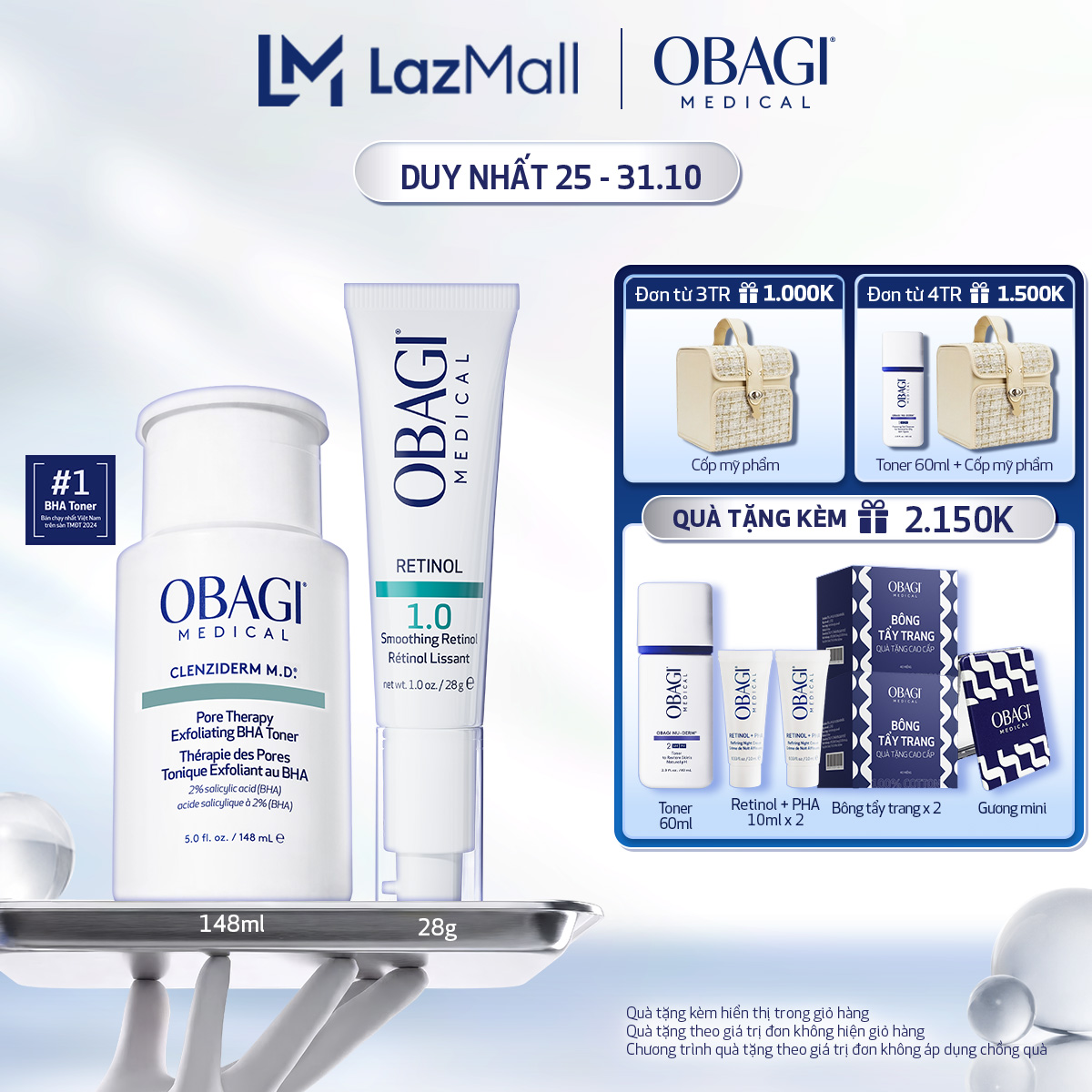 Bộ đôi dưỡng da Toner chứa 2% BHA Obagi Clenziderm M.D. Exfoliating 148ml và Kem Dưỡng Làm Mờ Nếp Nhăn, Mờ Thâm  Làm Đều Màu Da Obagi Retinol 1.0 28g