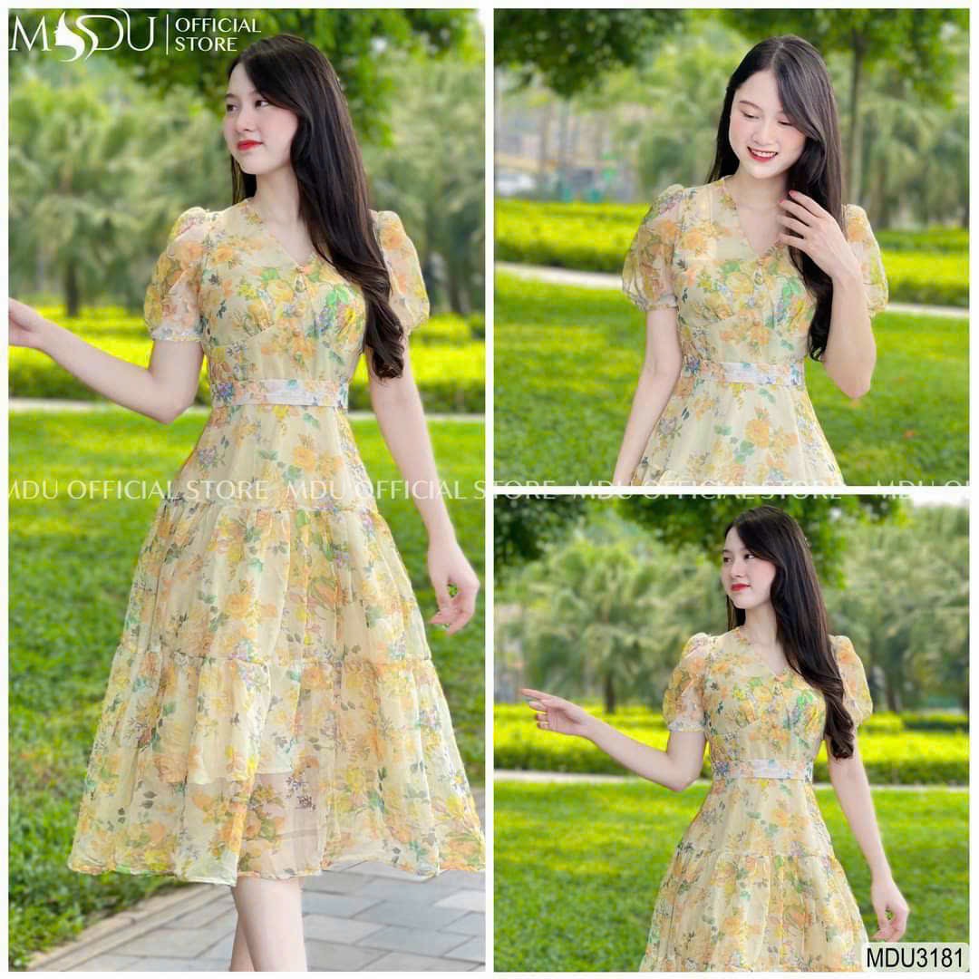 Đầm thời trang nữ mặc đi chơi chất vaon hoa cổ v chéo nút bọc tay ngắn hoạ tiết hoa vàng váy xoè kèm lót QC