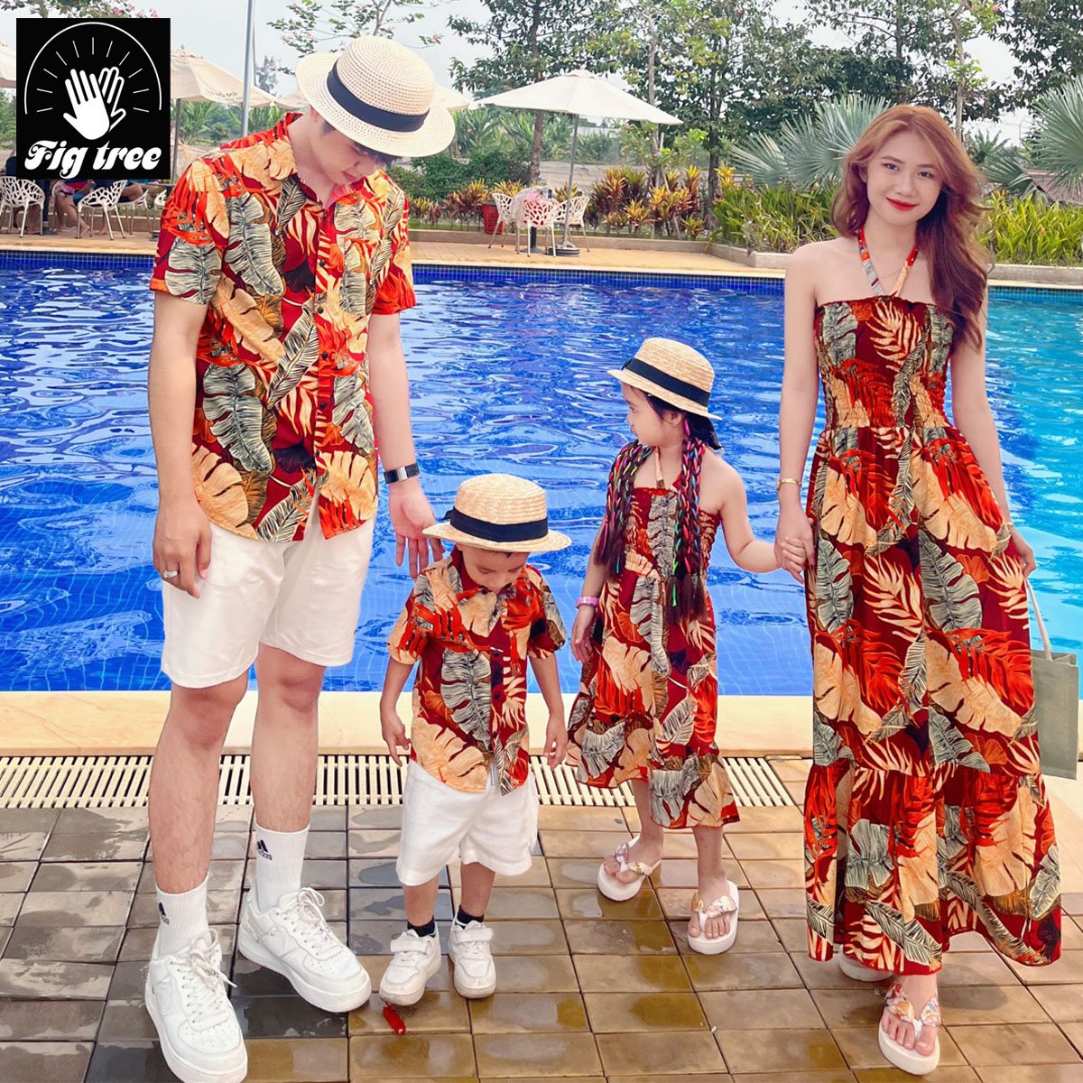 Set sơ mi váy gia đình fig tree chiếc lá đỏ mã 180 đi biển cực xinh