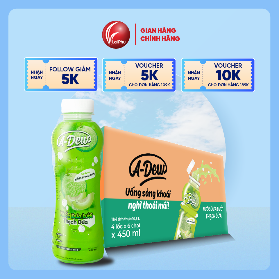 Nước dưa lưới thạch dừa a-dew chai 450ml - thùng 24 chai