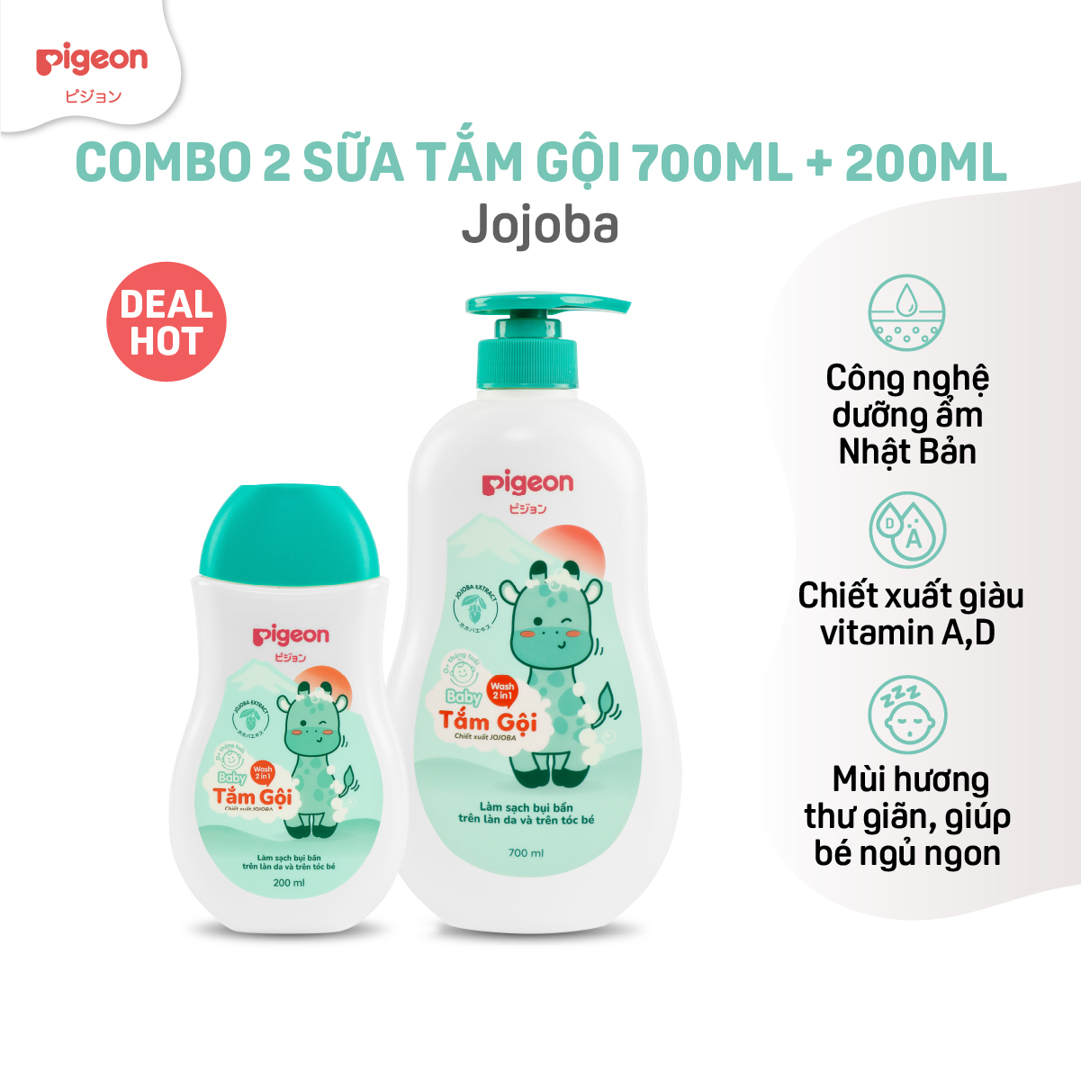 [COMBO TẮM GỘI 700ML + 200ML] Sữa Tắm Gội Dưỡng Ẩm Cho Bé Sơ Sinh Pigeon Dịu Nhẹ Mềm Mại An Toàn Cho Da Chính Hãng