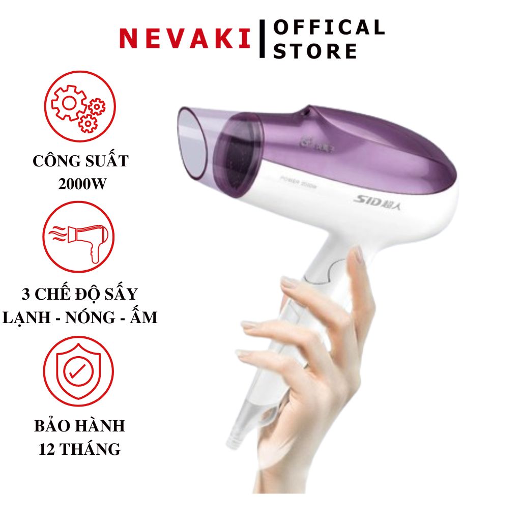 Máy sấy tóc ion âm nóng lạnh 2 chiều gấp gọn công suất cao 2000W SID công nghệ ion âm dưỡng ẩm tóc, làm mượt tóc Nevaki