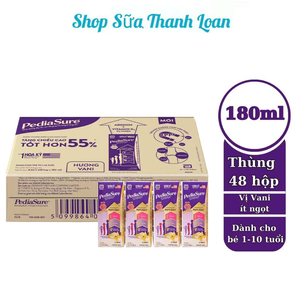 (HSD T12-2024) COMBO Thùng 48 Hộp Pediasure Nước Hương Vani Ít Ngọt 180ml.