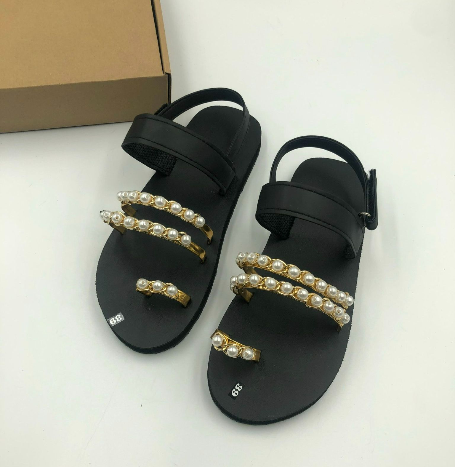 Giày sandal dép sandal , đế đen quai phối châu trắng-Xăng đan học sinh