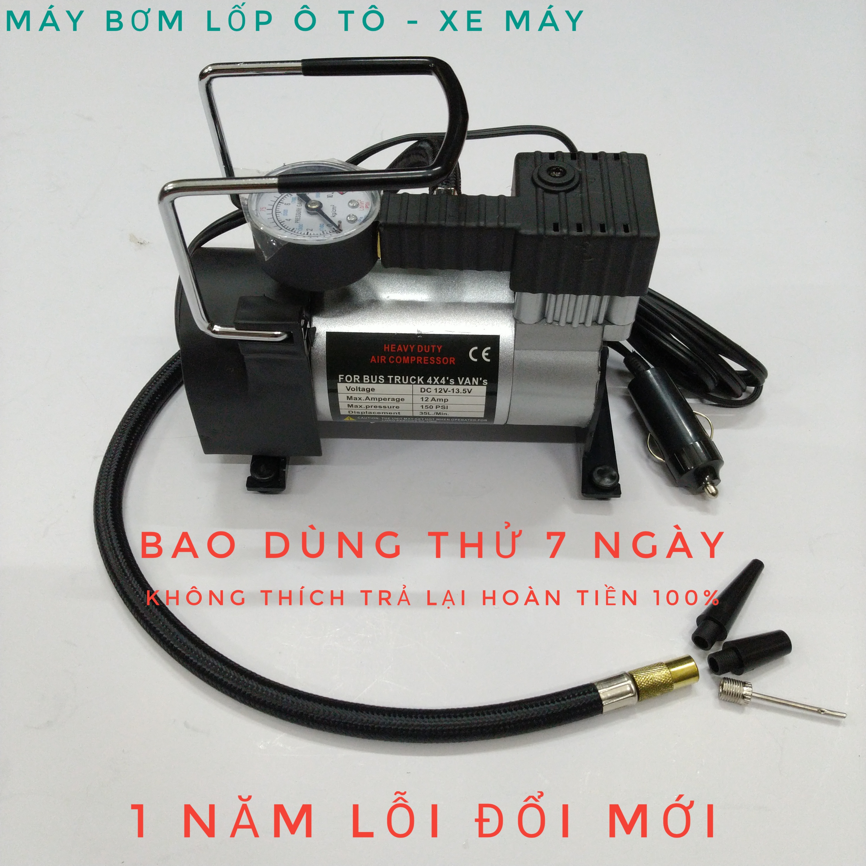 Máy bơm lốp ô tô xe máy 12V công suất 120W. Bao dùng thử 30 ngày. Bảo hành 12 tháng lỗi đổi mới. Động cơ lõi đồng nguyên chất. Tặng kèm 3 vòi bơm phụ để bơm xe đạp, bóng đá, phao bơi. Bơm lốp oto, bơm xe máy.