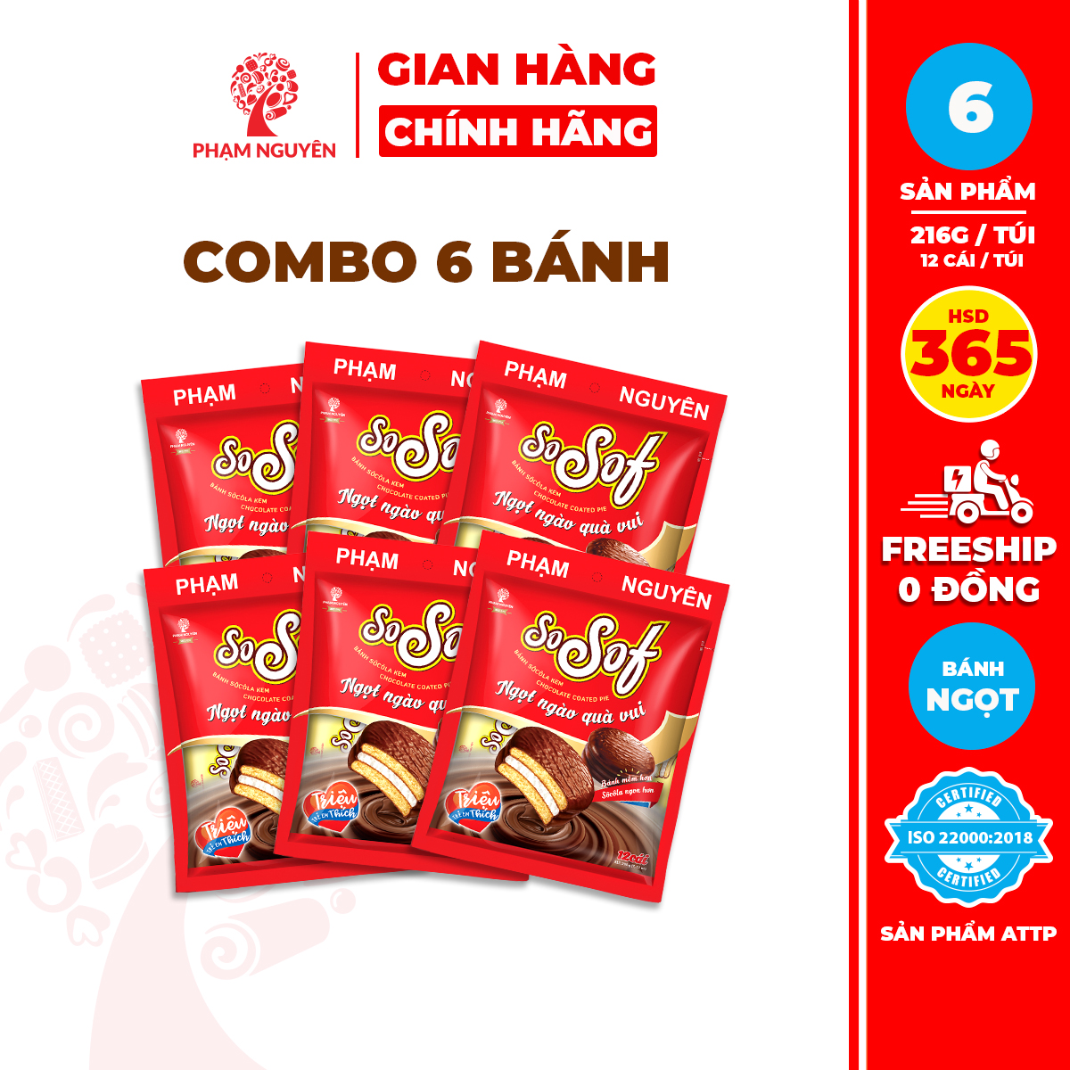 Combo 6 túi Bánh phủ socola Choco PN SoSof 216g | Bánh ăn vặt Socola 
