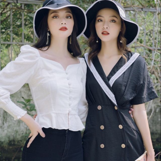 Áo peplum cổ trái tim tay dài phối nút