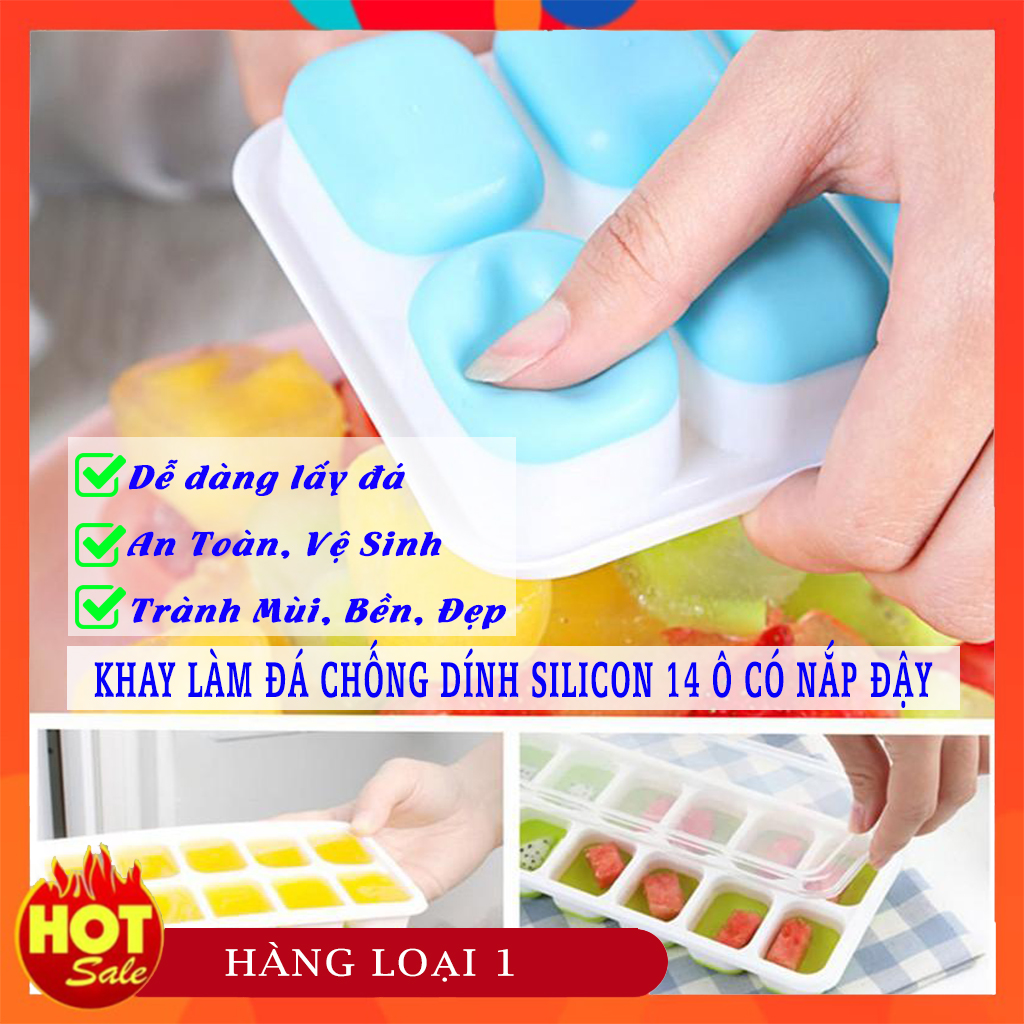 [3 Ngày Miễn Ship + Tặng Quà] Khay Đá, Khay Làm Đá Chống Dính 14 Ô Có Nắp Đậy - Khay Đá Silico Chống Dính, Siêu Bền, Đẹp Và An Toàn - Khay Đá Đa Năng Có Nắp Đậy An Toàn - Giao Màu Ngẫu Nhiên
