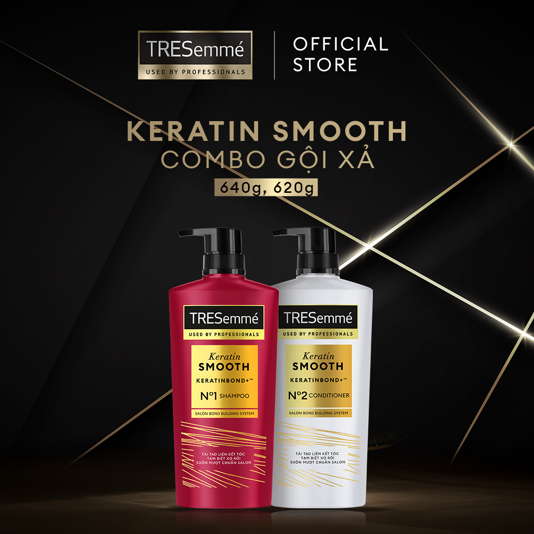 Combo Dầu Gội Và Dầu Xả TRESemmé Keratin Smooth Keratinbond+ Cho Tóc Khô Xơ Rối Vào Nếp Suôn Mượt 640g, 620g