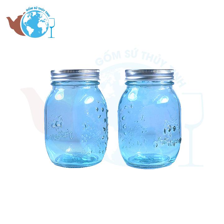 [HCM]Bộ 4 Hũ thủy tinh đựng gia vị - Ly uống nước hoa văn hoa rơi màu xanh