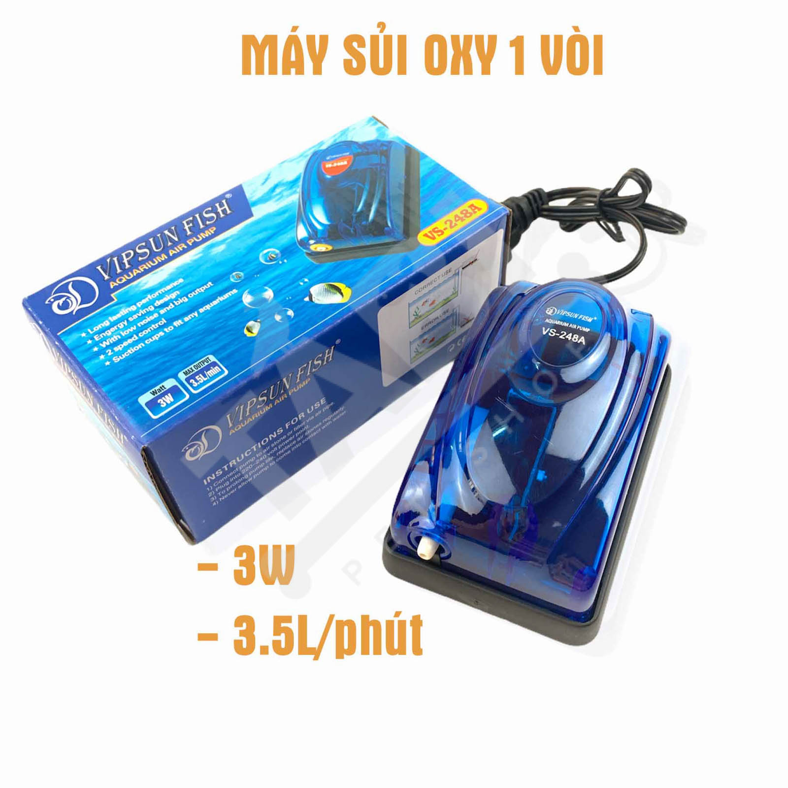 Máy Sủi Khí Oxy 3W VS248A 1 Vòi Cho Hồ Cá Để Bàn, Bể Cá Thuỷ Sinh, Ấp Artemia, Cho Cá 7 Màu, Guppy, Betta...