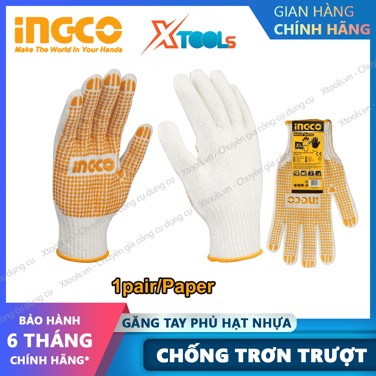 Găng tay bảo hộ dệt kim phủ hạt nhựa PVC INGCO HGVK05 size XL 58g/đôi vải cotton thoáng khí bao tay bảo hộ lao động chống trơn trượt độ bám cao