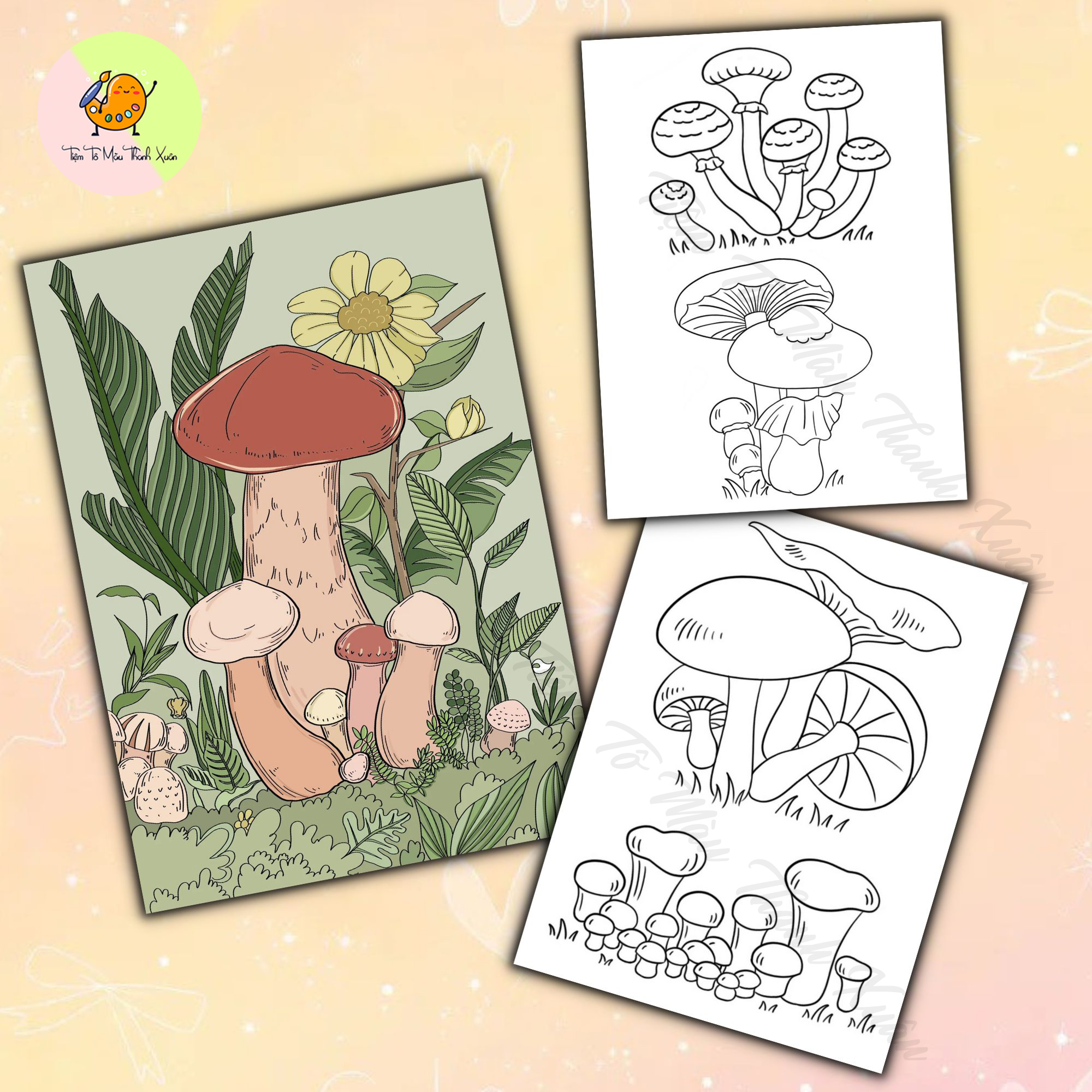 [TX05] Set 10 Tờ Tranh Tô Màu Các Loại Nấm Tô Màu Sáp, Màu Chì - Tiệm Tô Màu Thanh Xuân