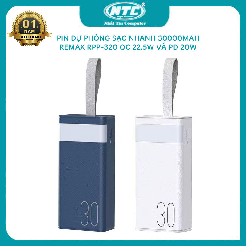 Pin dự phòng sạc nhanh Remax RPP-320 dung lượng 30000mAh có đèn pin - hỗ trợ QC 22.5 và PD 20W (3 màu tuỳ chọn) Nhất Tín Computer