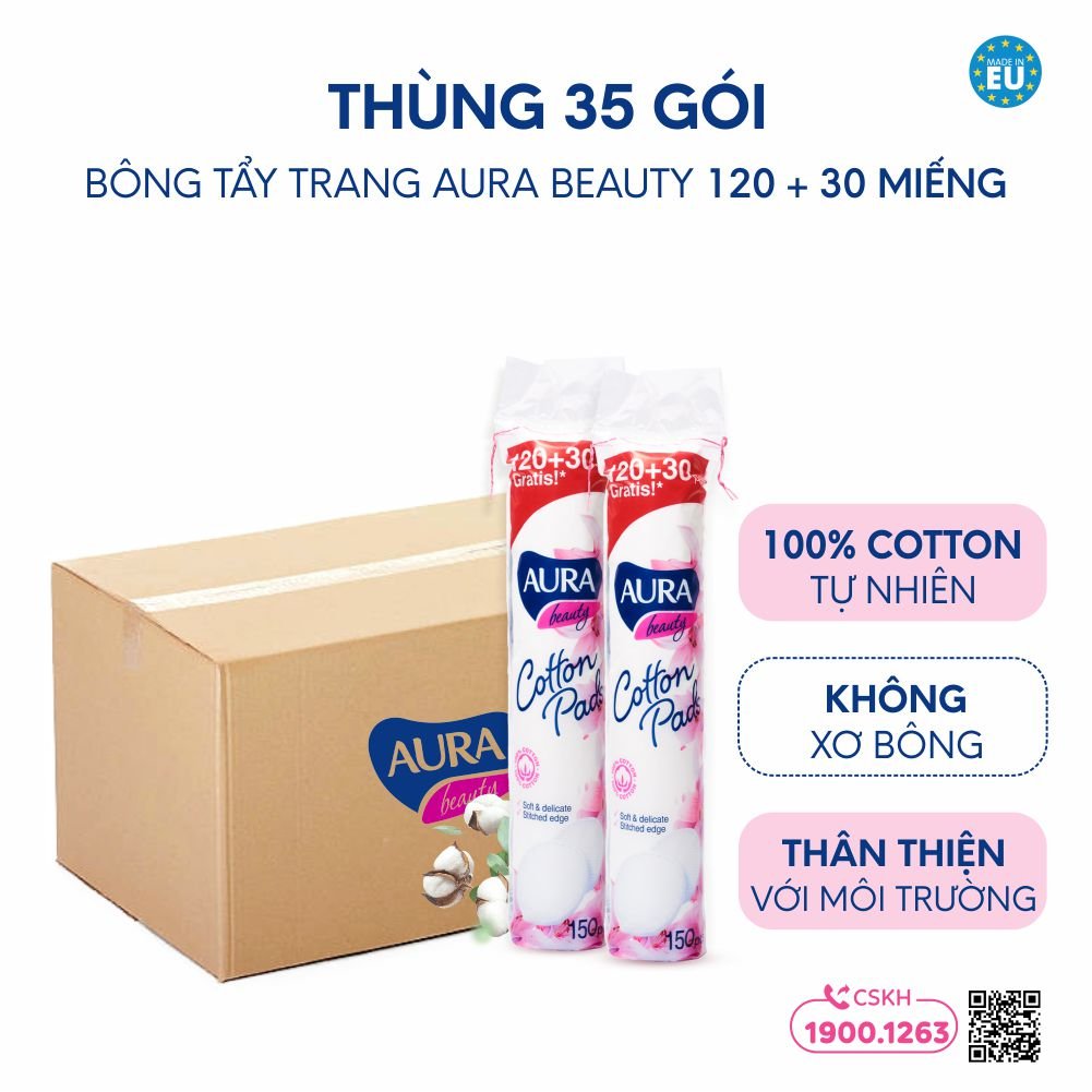 1 thùng 35 cây bông tẩy trang Aura 150 miếng