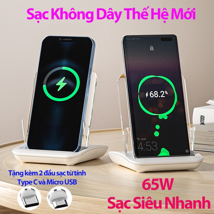 Sạc Không Dây - Sạc Từ Tính Sạc Nhanh 65W Dùng Cho Tất Cả Dòng Máy Điện Thoại Tích Hợp Sạc Không Dây Tặng Kèm 2 Đầu Từ Tính Micro và Type C