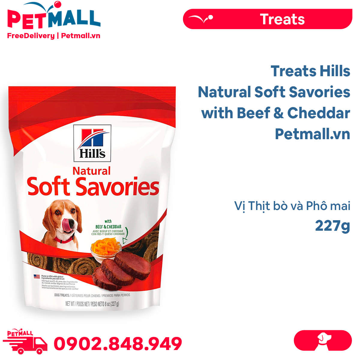 Treats Hills Natural Soft Savories with Beef & Cheddar 227g - Vị Thịt bò và Phô mai Petmall