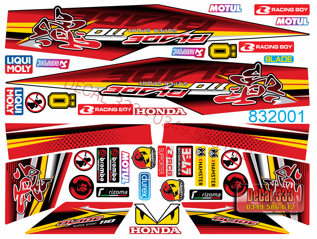 Tem Rời HONDA BLADE CHỮ TÀU ĐỎ ĐEN 832001 (Tem chế 3 lớp chống phai màu)