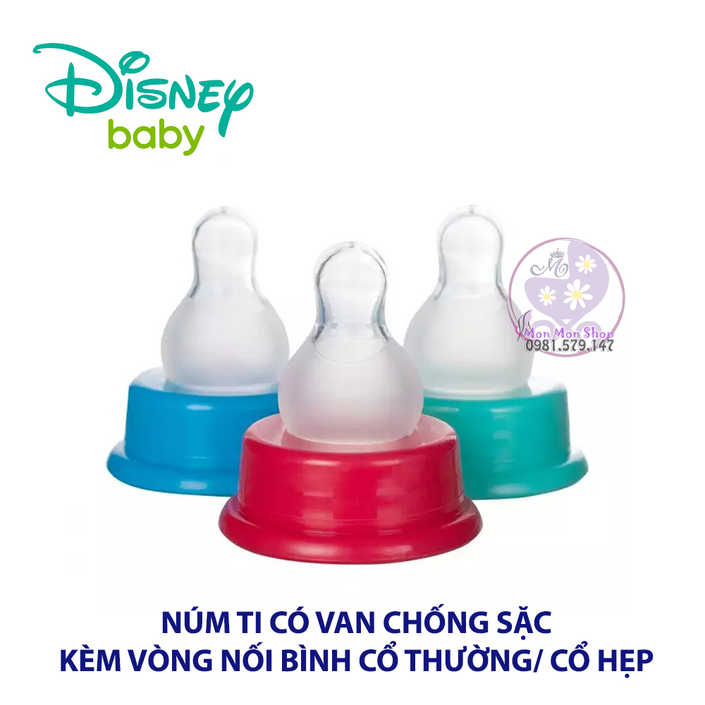 [Chính hãng] Núm ty kèm cổ nối bình sữa cổ thường/ cổ hẹp tiêu chuẩn Patented Design Disney có van chống sặc size S/ size M