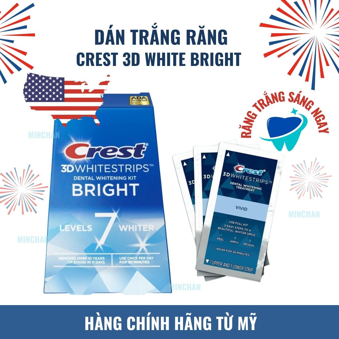 Hộp Nguyên Seal 11 ngày Miếng dán Trắng răng Crest 3D Whitestrips Sensitive Bright Whitening Kit Levels 7