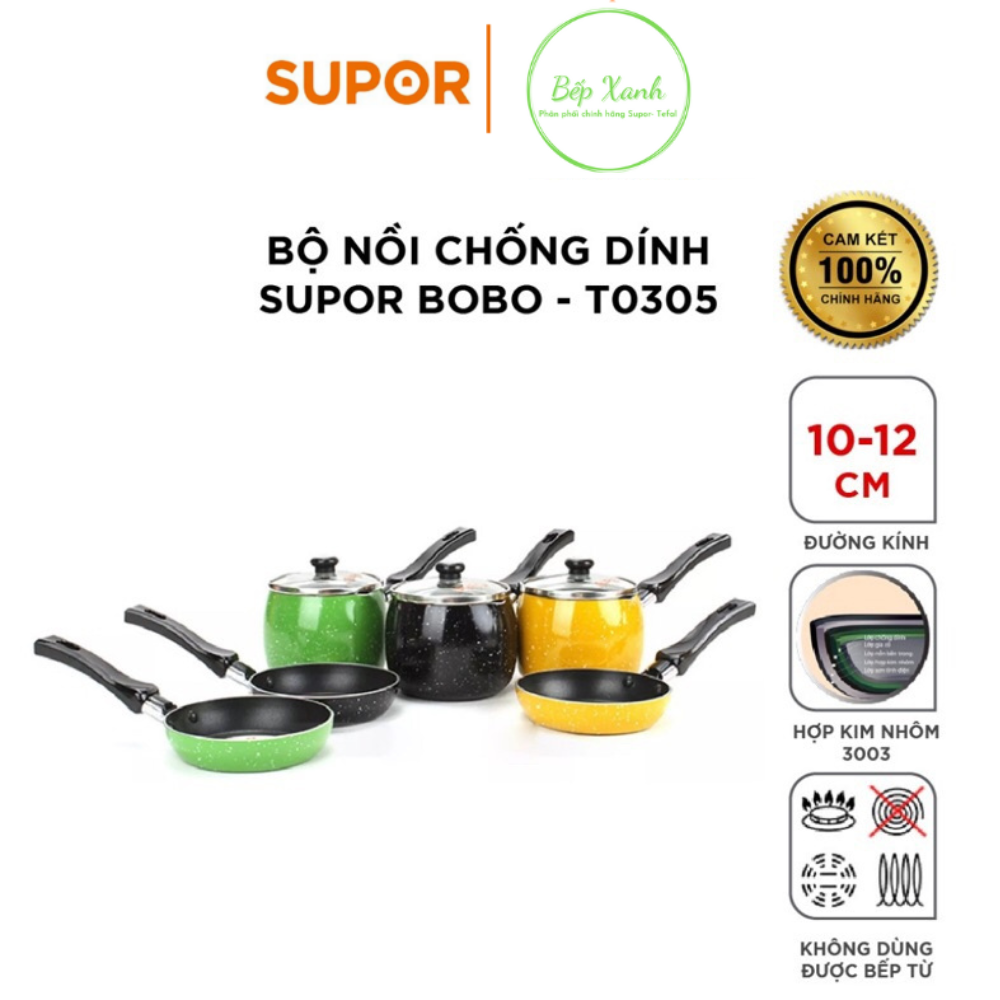 Bộ nồi chống dính supor bobo - t0305, bộ nồi chảo nấu bột mini
