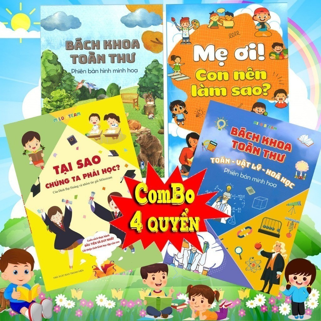 Combo 4 cuốn bìa mềm Bách Khoa Toàn Thư, Mẹ ơi! Con Nên Làm Sao, Bách Khoa Toán Lý Hóa, Tại sao