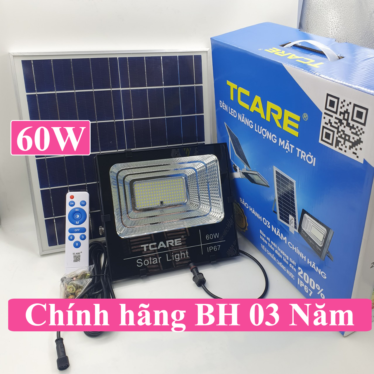Đèn pha LED Năng lượng mặt trời 60W, đèn Led, đèn ngoài trời Tcare Bảo hành 03 Năm