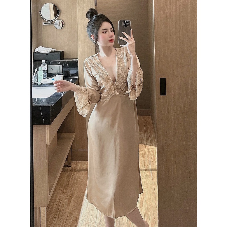 Đầm ngủ tiểu thư tay loe phối ren sexy lụa latin siêu cưng freesize