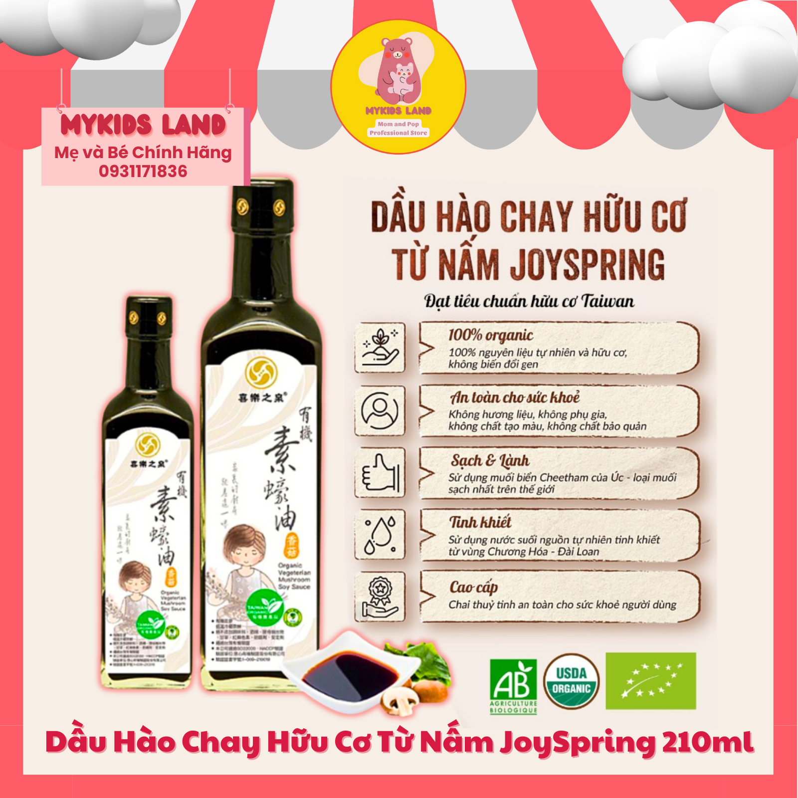 Dầu hào chay hữu cơ từ nấm joyspring 210ml - gia vị cho bé ăn dặm từ 12m+