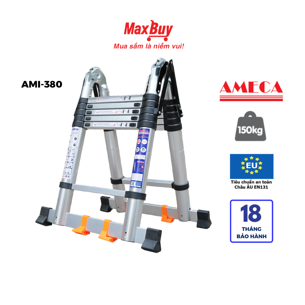 Thang Nhôm Xếp Đôi Đa Năng 6-9 bậc Ameca Chắc chắn Chân chống trượt Chiều cao 3,8m - 5,6m chữ I Bảo hành 18 tháng AMI