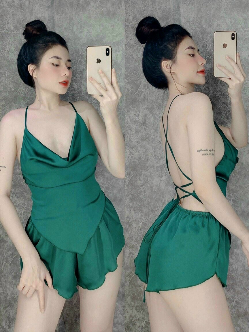 Set bộ đồ ngủ lụa satin quần ngắn phối áo yếm trễ ngực quyến rũ - đt