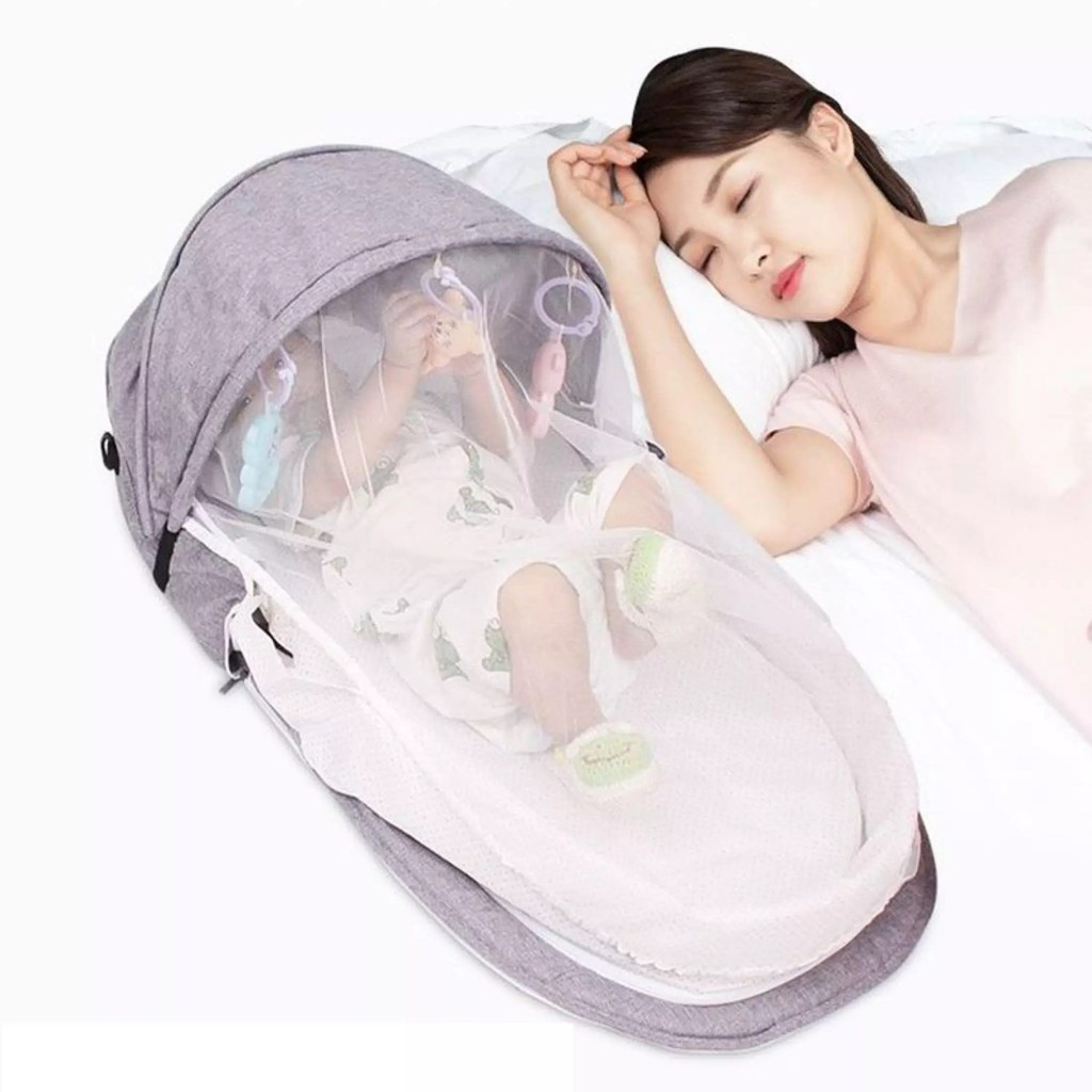 Gường ngủ trẻ em gấp gọn có lưới chống muỗi, giường xếp gọn có màn chống muỗi, giường nệm gấp gọn di động thông minh