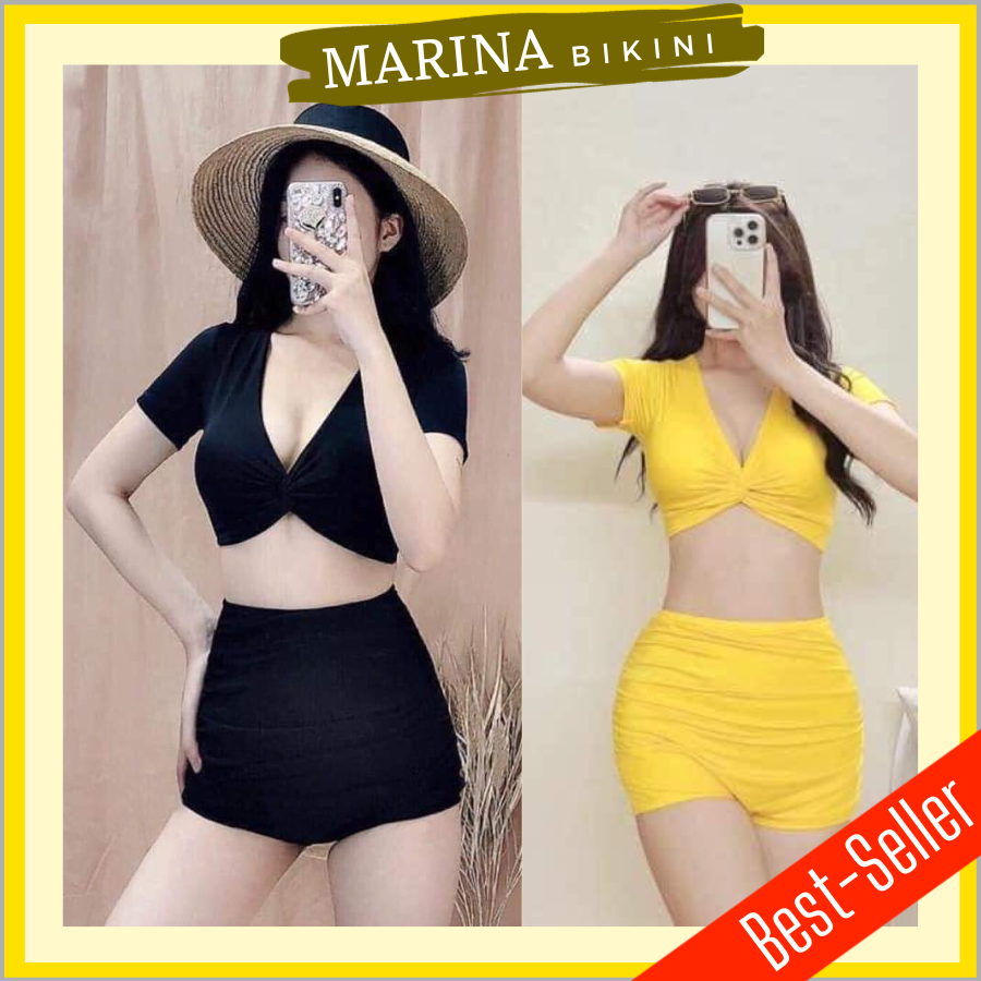 Bikini đồ bơi đi biển tay lửng áo xoắn ngực quần cạp cao nhún MARINA002