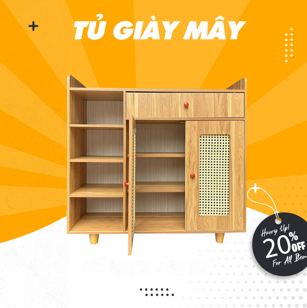 Tủ giày gỗ cánh mây lắp ghép thông minh tiện lợi 3 ngăn, kích thước 90x80x30cm