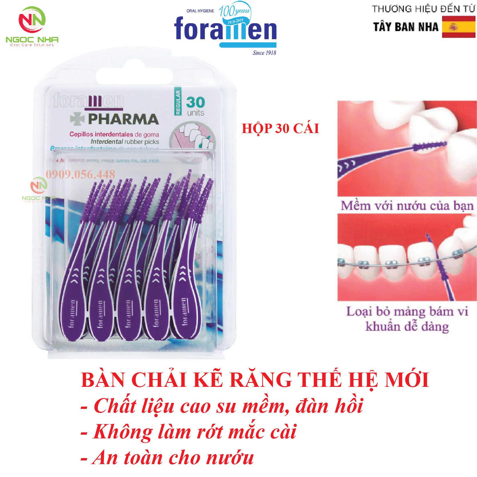 Bàn chải kẽ thế hệ mới Foramen chất liệu cao su mềm cho răng niềng hộp 30 cái