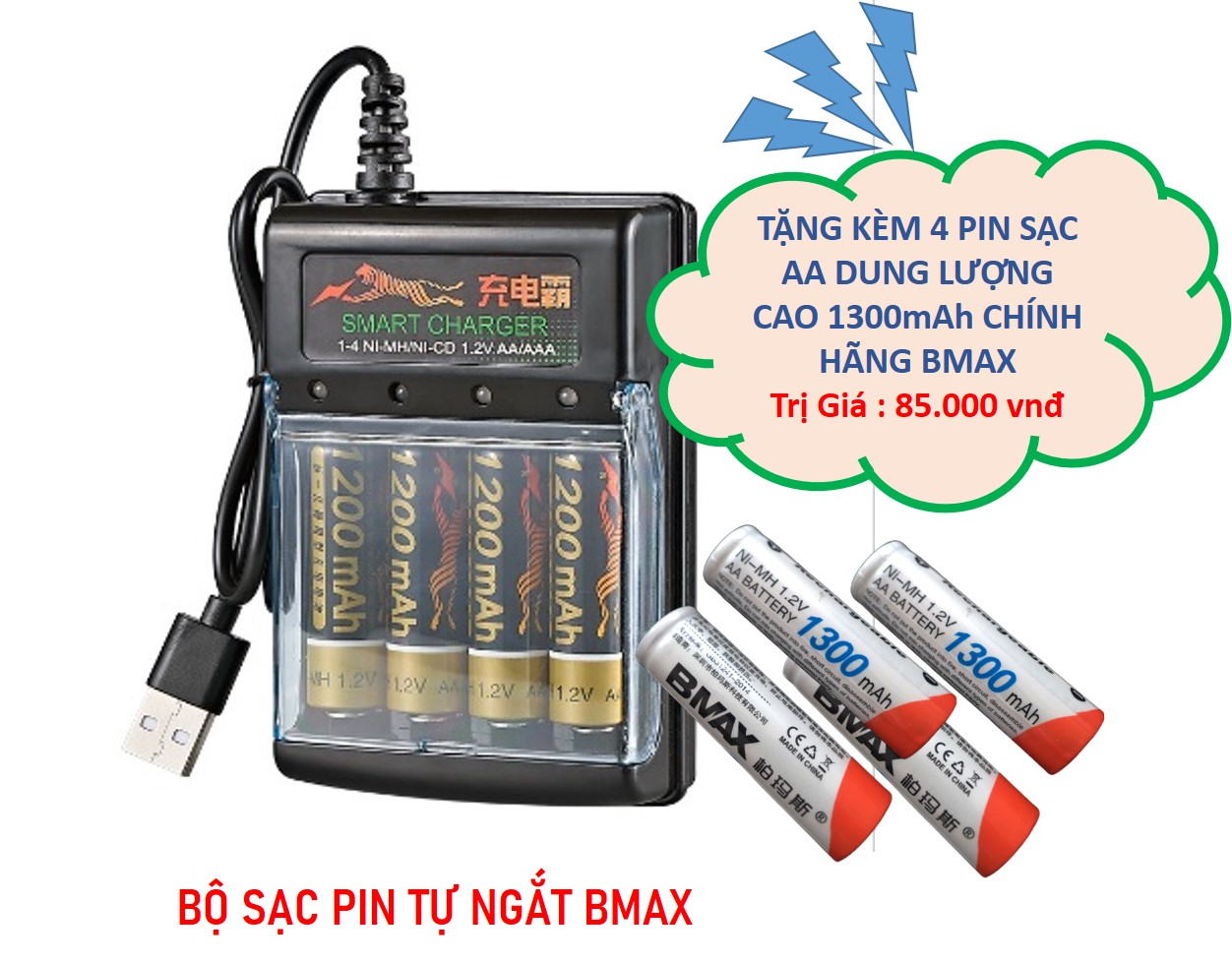 Sạc pin AA và AAA tự ngắt có đèn báo đầy pin tặng kèm 4 pin sạc AA dung