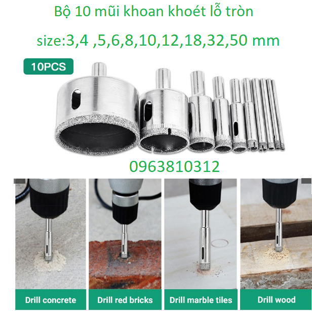 BỘ 10 MŨI KHOAN KÍNH KHOAN  ĐÁ GẠCH TIỆN DỤNG phi 3 đến 50mm