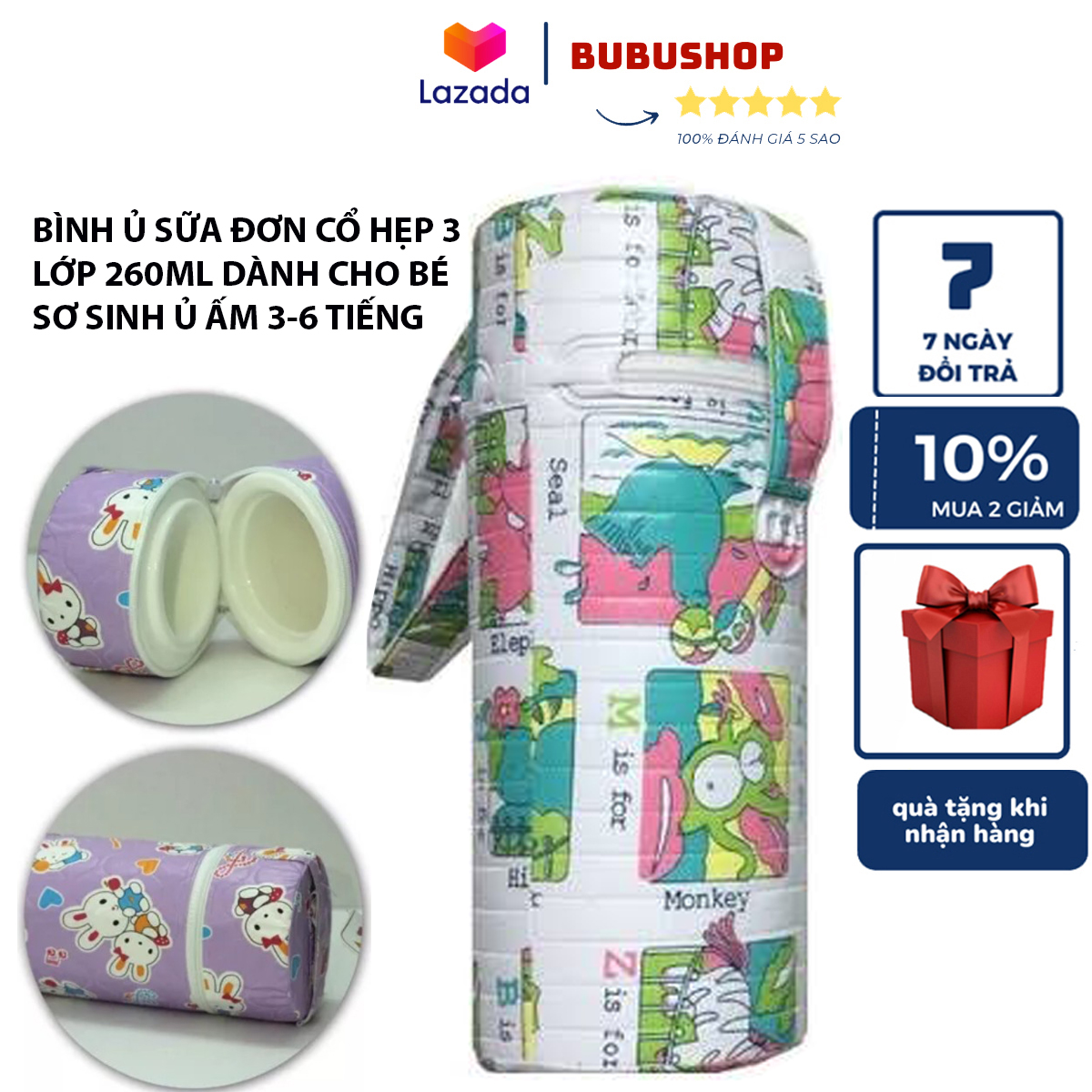 Bình ủ sữa đơn cổ hẹp 3 lớp giữ nhiệt dung tích bình 260ml  dành cho bé sơ sinh thời gian ủ ấm từ 3-6 tiếng tùy nhiệt độ nước giúp sữa và cháo đi xa không bị hư có thể ủ cháo cho bé thuận tiện khi đi xa đi du lịch BUBUSHOP
