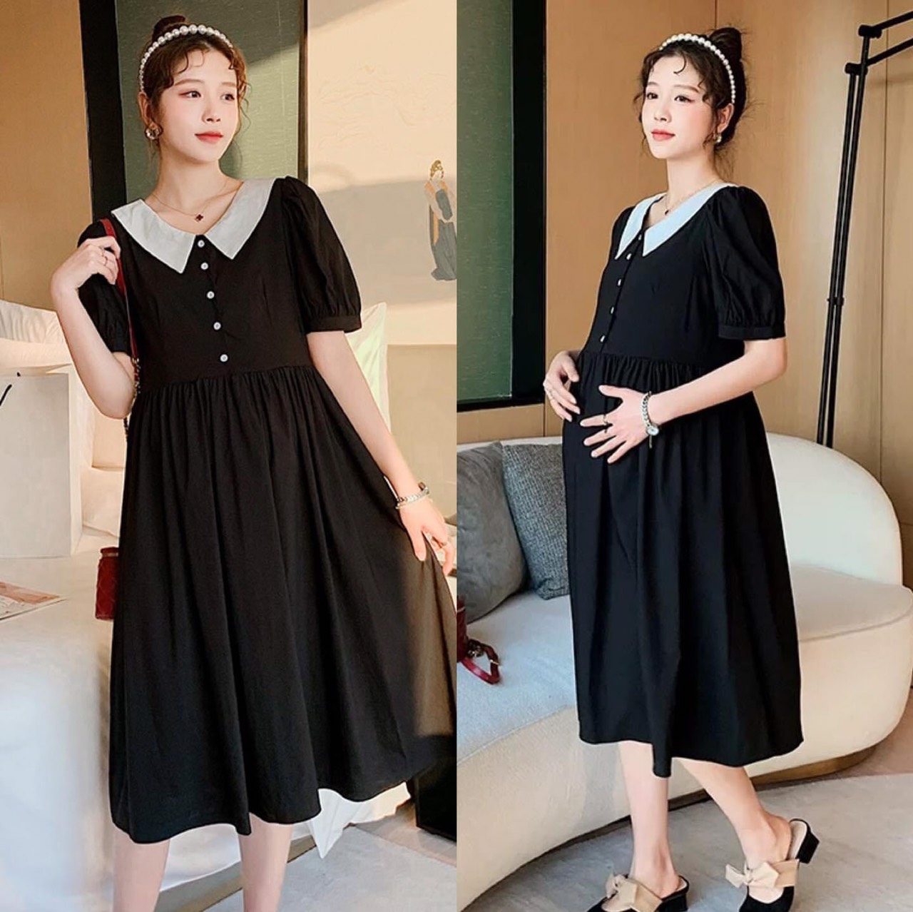 Váy bầu bigsize mặc bầu và sau sinh,dáng suông phối cổ cực xinh,đủ size từ 45-100kg