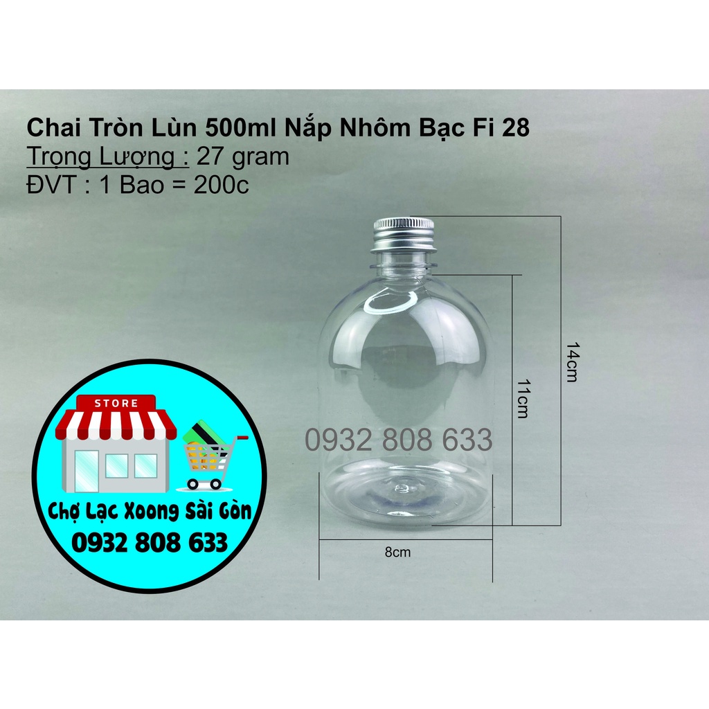 Combo 50 chai nhựa tròn lùn 500ml nắp nhôm bạc fi 28