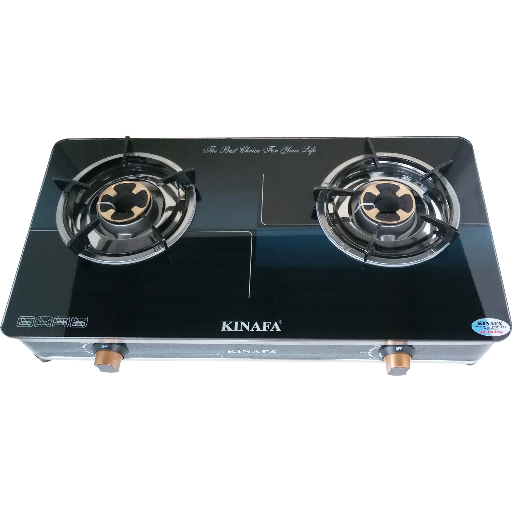 Bếp Gas Đôi Cao Cấp KINAFA KNF-206 Họng Hộp Inox 304, Mặt Kiếng Cường Lực, Kiềng Hợp Kim, Chén Đồng Đen