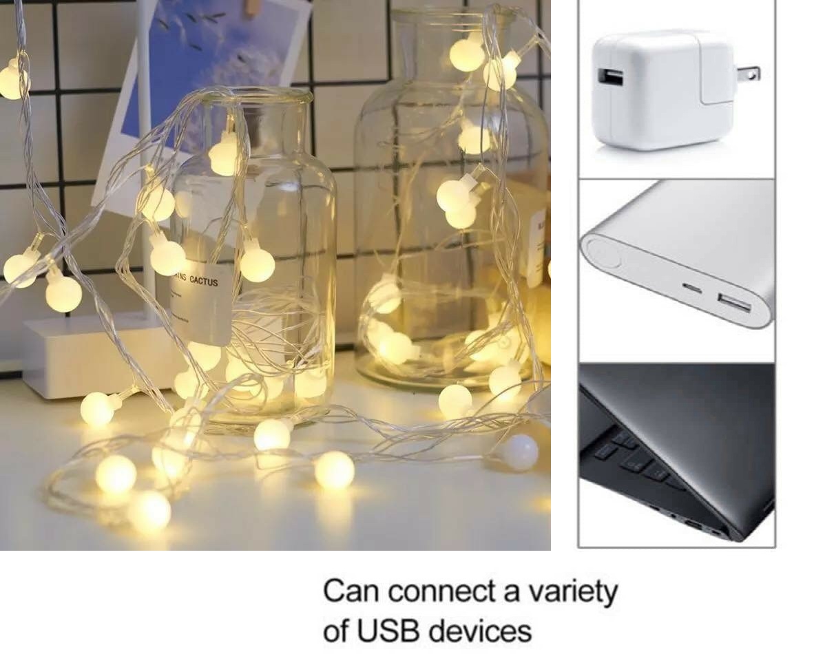 Dây đèn led trang trí bóng tròn Cherryball 10m 100 bóng đầu cắm USB cắm sạc dự phòng, Đèn led trang trí màu vàng nắng tiết kiệm điện nguồn cắm USB, dây đèn trang trí trong nhà ngoài trời, dây đèn decor bóng tròn đẹp kết nối USB