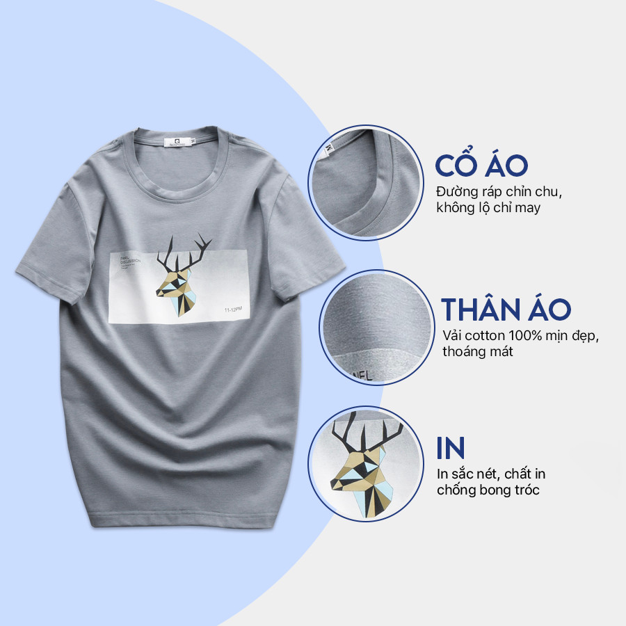 Áo thun nam cổ tròn ngăn tay họa tiết hươu chất liệu cotton muối 100%, co giãn 4 chiều cao cấp