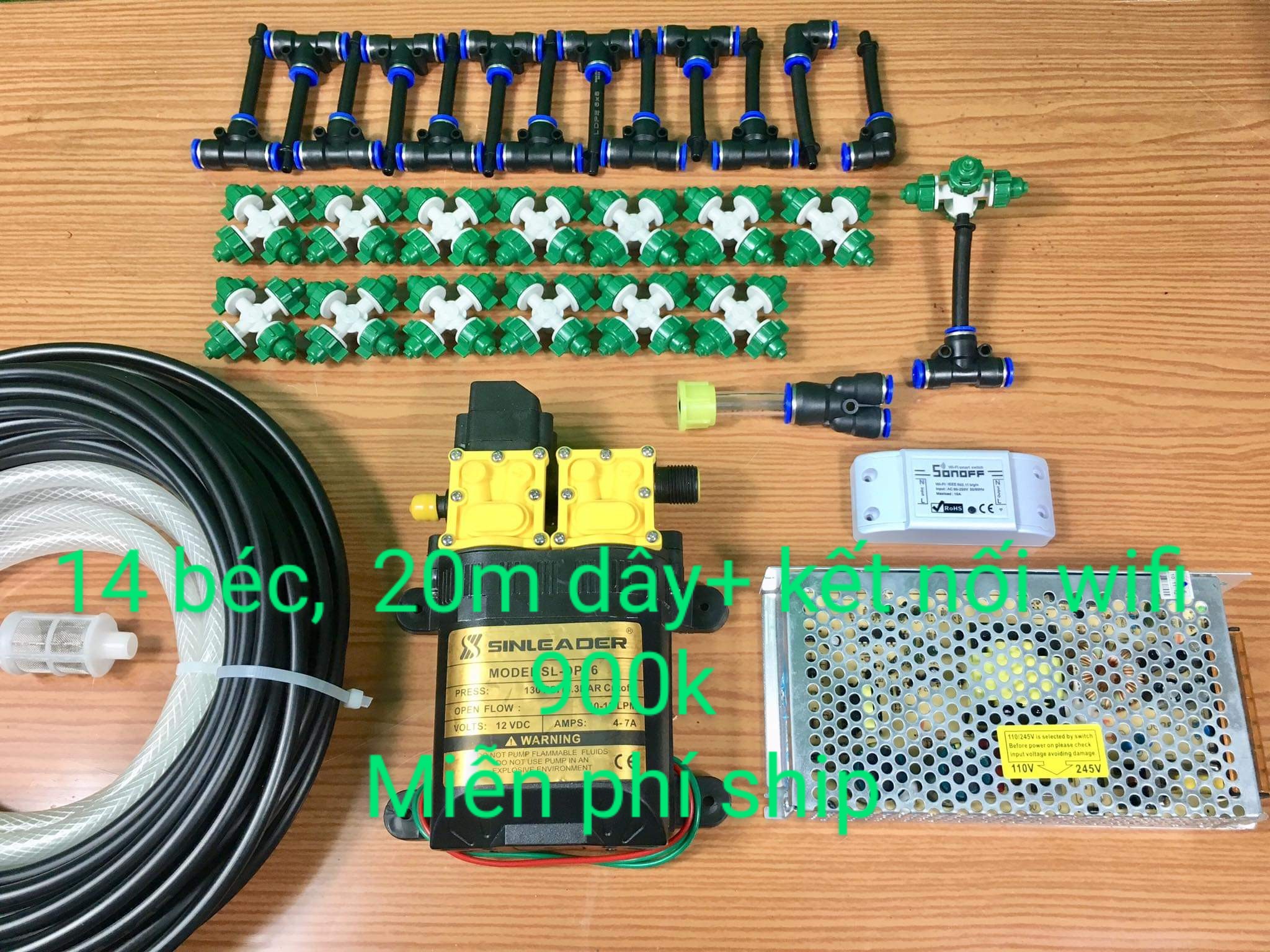 [Đã ráp sẵn] Bộ phun sương bơm đôi Sinleader tự động (hẹn giờ, smart wifi bằng điện thoại) 14 béc 4 hướng tưới cây,  tưới lan tưới cây, tưới lan, làm mát mái nhà 20-30m2