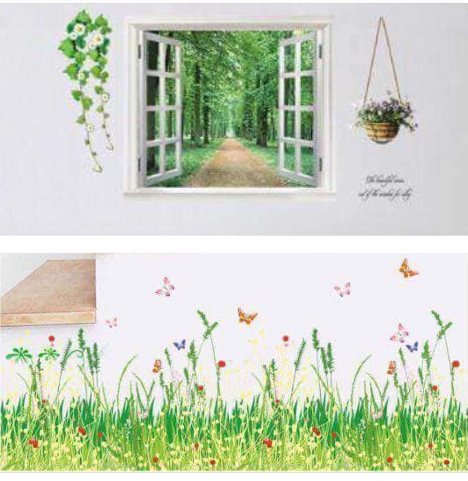 Decal dán tường cửa sổ con đường và cỏ xanh