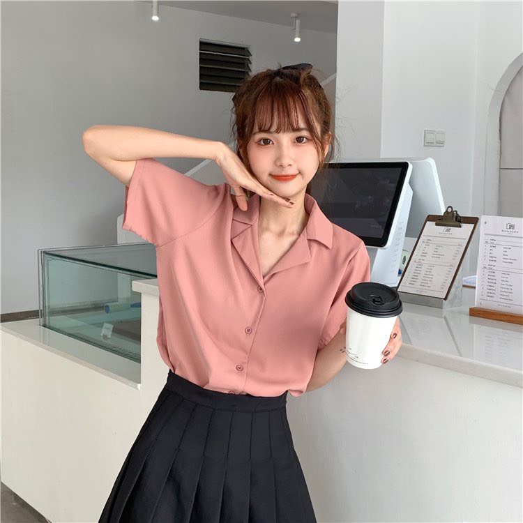Áo sơ mi nữ form rộng công sở kiểu tay ngắn lỡ cổ vest Hàn Quốc - Chất lụa hàn mịn - AAG99